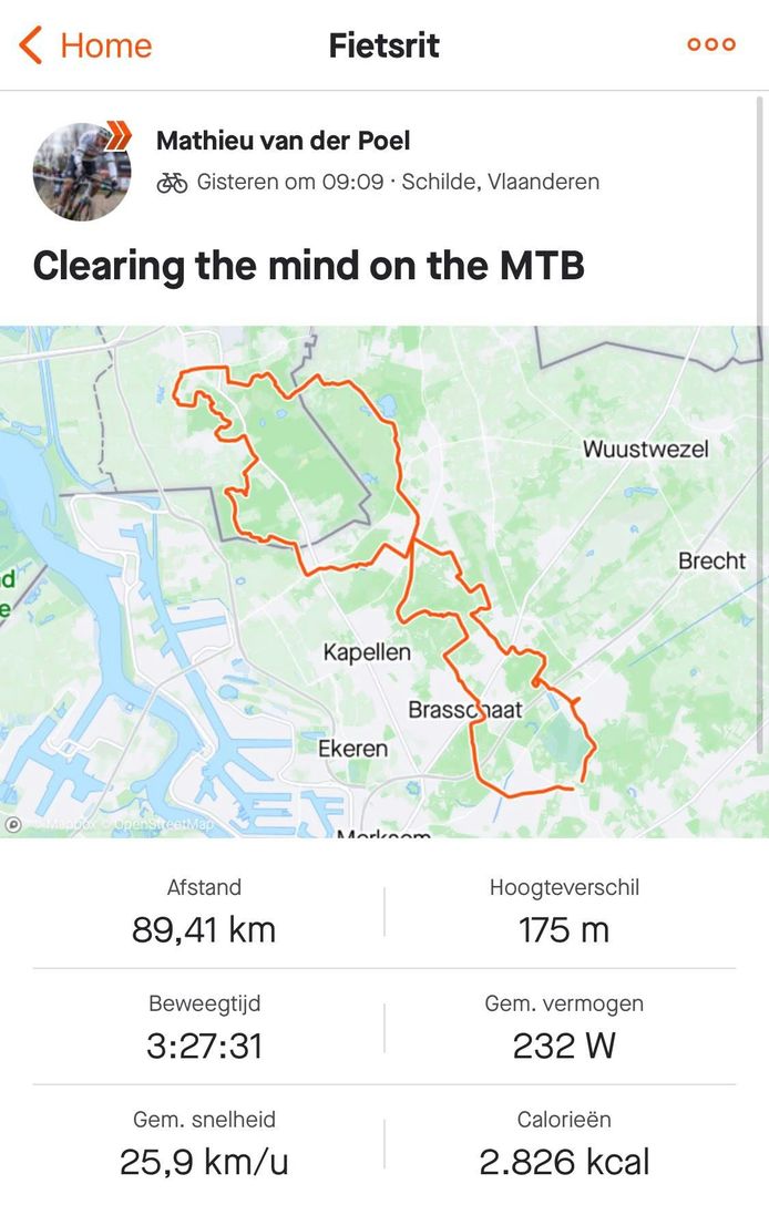 Mathieu van der Poel reed gisteren de zorgen uit zijn hoofd op de mountainbike.