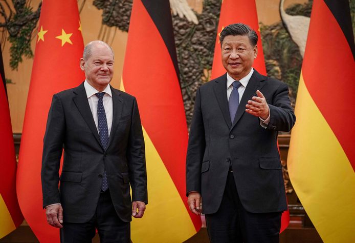 De Duitse bondskanselier Olaf Scholz en de Chinese president Xi Jinping in Beijing. (04/11/22)