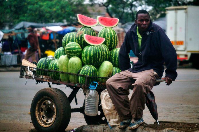 Een Zimbabwaanse verkoper van watermeloenen wacht op klanten in Harare, een dag nadat het leger de macht overnam. Foto Stringer
