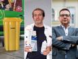 De gele papiercontainers van IVAREM vallen niet bij iedereen in de smaak. Thuisverpleger en gemeenteraadslid Geert Mertens (midden) merkt bij zijn patiënten heel wat ongerustheid. Milieuschepen Eddie Bormans begrijpt de bezorgdheden bij de bewoners.