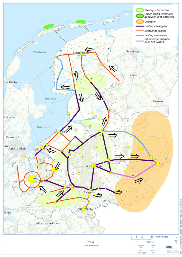 Zo ziet de toekomstige hoofdstructuur van de drinkwatervoorziening van Vitens eruit. Via robuuste leidingen gaat er IJsselwater naar Twente en de Achterhoek.