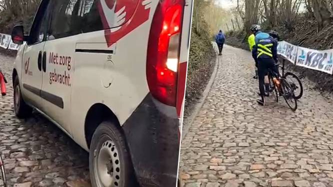 Wanneer zelfs de postbode met z'n busje niet boven geraakt: Koppenberg ligt er spekglad bij