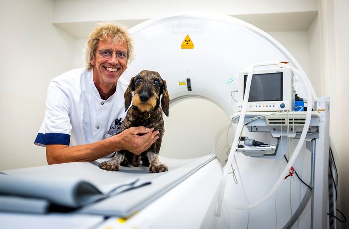 Kost een boel - zeg zo’n twee ton - maar geeft ook veel terug. Dierenarts Anton Fennema is maar wat blij met zijn nieuwe CT-scan in de dierenpraktijk. Het baasje van deze ruwhaar teckel ongetwijfeld ook.