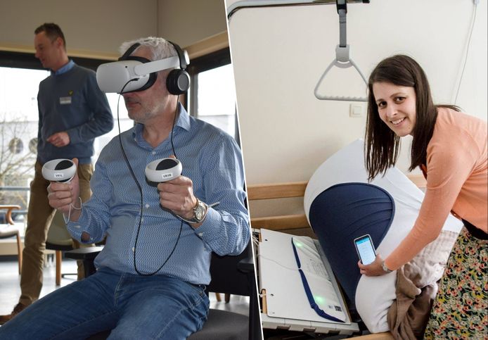 Luc Op de Beeck, voorzitter van Zorggroep Orion, test de nieuwe VR-brillen uit. Zorgmanager Liesbeth Crommen stelt de matrassensor Momo Bedsense voor.