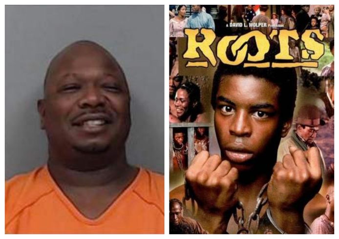 Links: de arrestatiefoto van Robert Lee Noy (52). Rechts: de tv-serie 'Roots’ behandelt de gruwel van de slavernijperiode in de VS.