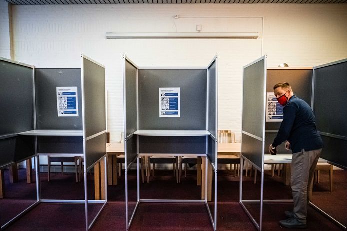De laatste voorbereidingen in een stembureau in verzorgingstehuis Park Stanislaus in aanloop naar de herindelingsverkiezingen in de provincie Groningen en Noord-Brabant. ANP ROB ENGELAAR