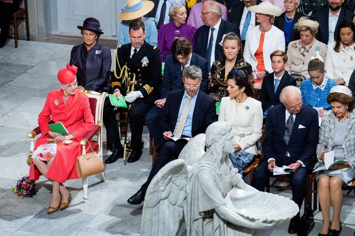 De Deense koningin Margrethe woont een kerkdienst bij tijdens de vieringen ter gelegenheid van de 50e verjaardag van haar troonsbestijging, in de kathedraal van Kopenhagen in Denemarken op 11 september 2022.