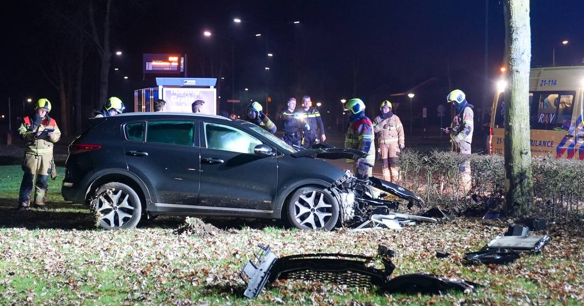 Automobilist zit bekneld in auto na botsing tegen boom in Oss.