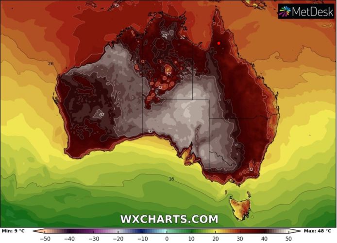 Woensdag en donderdag bereiken de temperaturen in Australië waarden tot 45°C en meer.