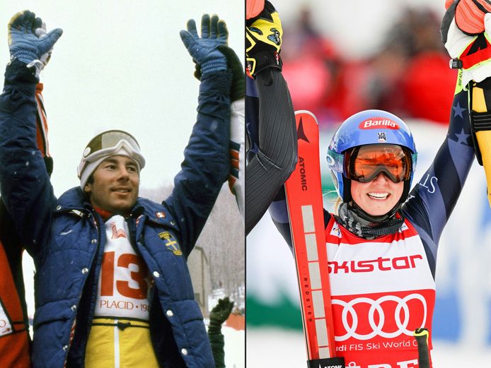 Mikaela Shiffrin (r) en Ingemar Stenmark.