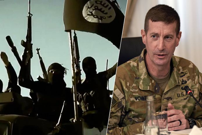 Links: een archiefbeeld van een propagandafilm van IS uit 2014. Rechts: de Amerikaanse generaal-majoor Joel Vowell.