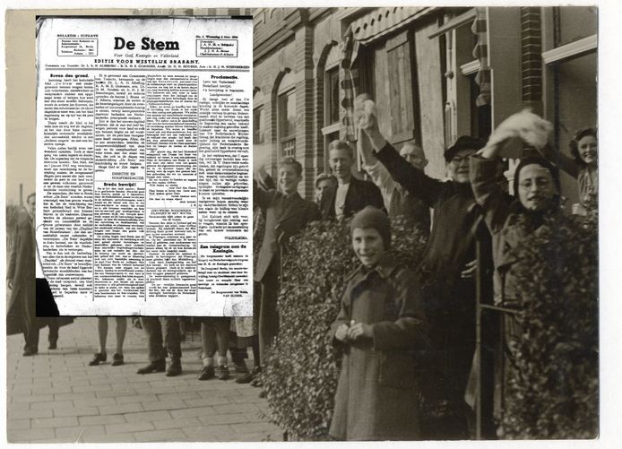 Vreugde bij de bevrijding van Breda. Inzet: de eeste editie van De Stem.