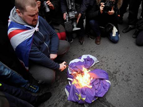 Europese vlag in vlammen: brexitfans en EU-activisten treffen elkaar in Londen