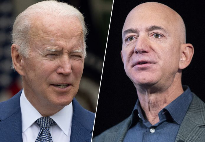 De Amerikaanse president Joe Biden en miljardair Jeff Bezos.