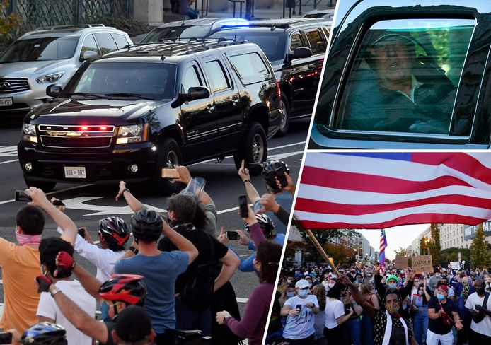 Biden-supporters reageren wanneer Trump in de auto voorbijrijdt op de terugweg naar het Witte Huis. Rechtsonder: feestvierders in Washington.