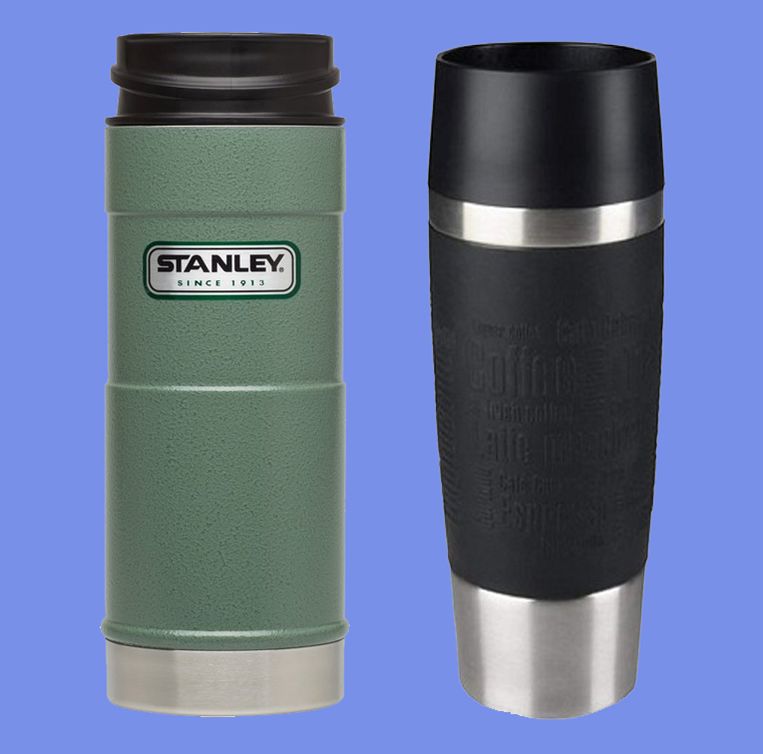 Links: Stanley Classic One Hand Vacuum Mug Thermosbeker - 473 ml. 
Rechts: TRAVEL MUG isoleerbeker 0.36 L van Emsa. Beeld 