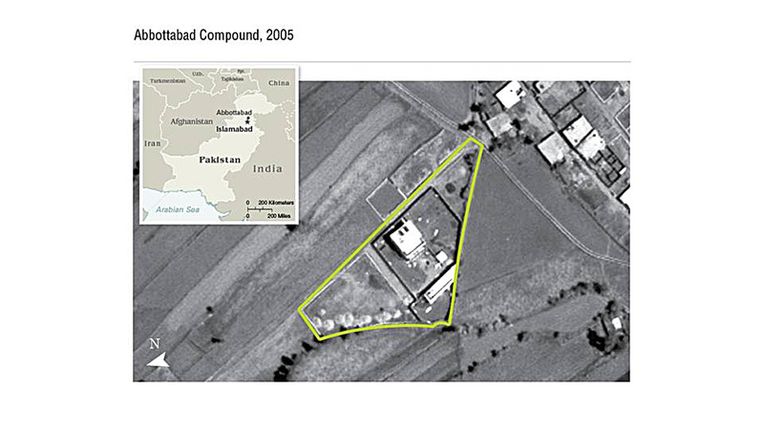 Satellietfoto van de 'compound' waar Bin Laden verbleef. Beeld afp