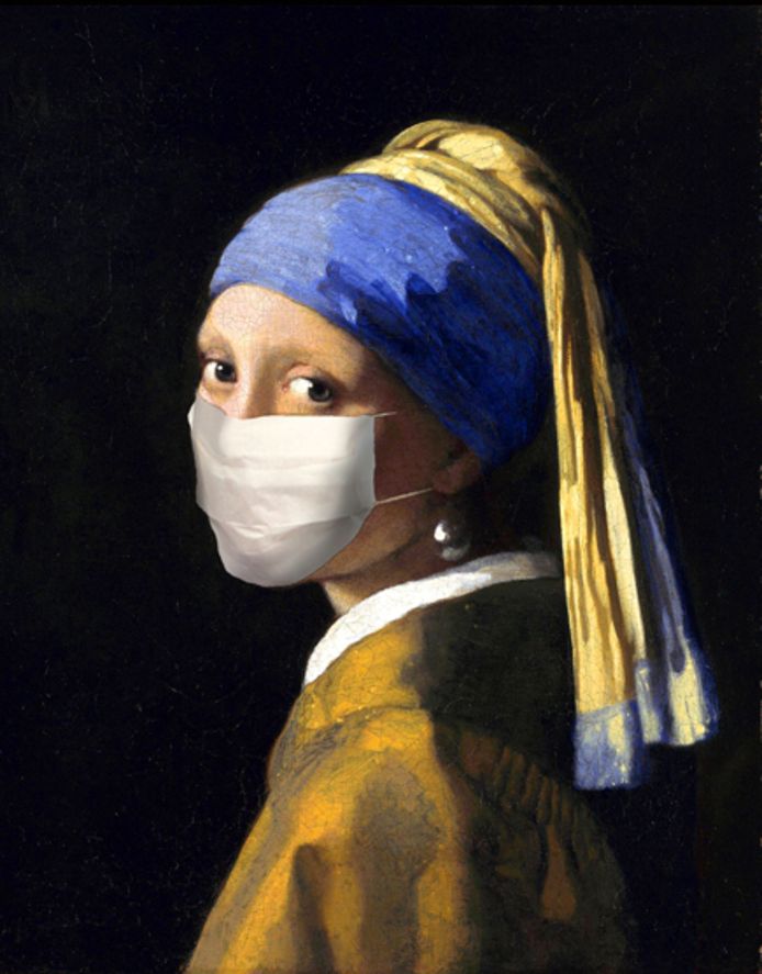 De Delftse kunsenaar René Jacobs met zijn eigen interpretatie van het Meisje met de parel en het coronavirus.