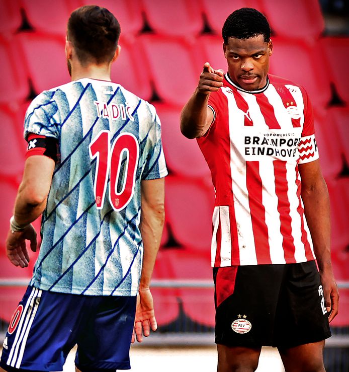 Denzel Dumfries en Dusan Tadic kregen het afgelopen zondag hevig met elkaar aan de stok tijdens PSV - Ajax (1-1)