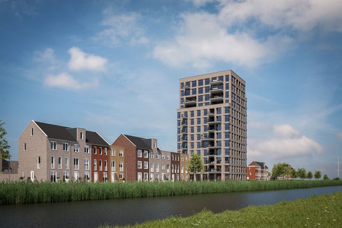 Impressie van de eerste woontoren in Aan de Waterkant.