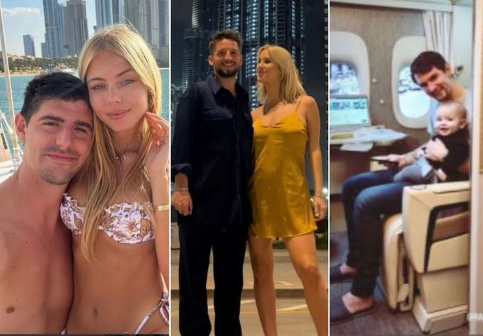 Van l naar r: Thibaut Courtois met Mishel, Dries Mertens met Kat en Benito Raman op de privéjet richting Dubai met zijn zoontje.