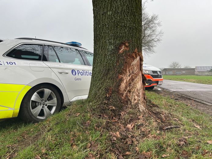 De auto schampte af op een boom en kwam dan in een gracht terecht.