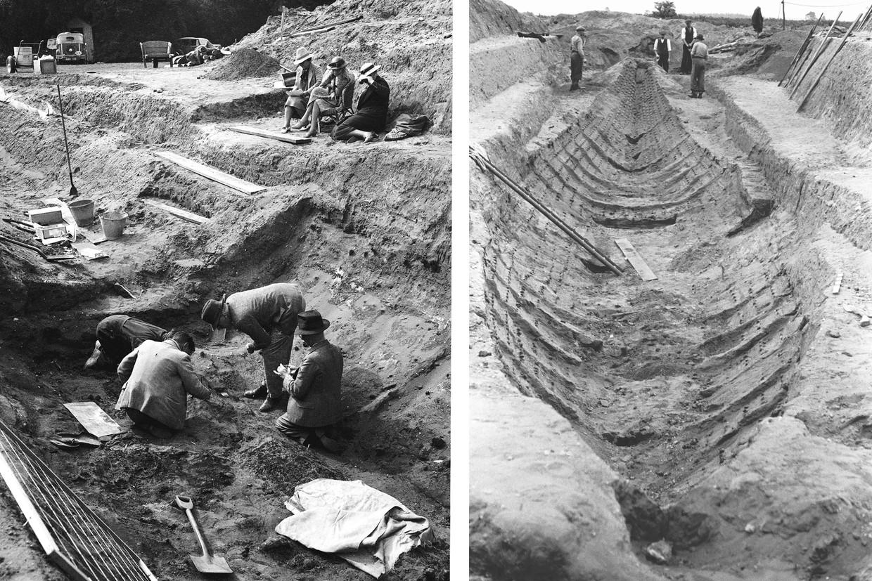 De opgraving van Sutton Hoo in 1939, met op de linkerfoto rechtsboven landeigenaar Edith Pretty als een van de toeschouwers. Beeld Hollandse Hoogte / PA Media