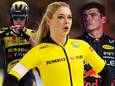 De uithangborden van Jumbo: vlnr, Dylan van Baarle (wielrennen), Jutta Leerdam (schaatsen) en Max Verstappen (F1).