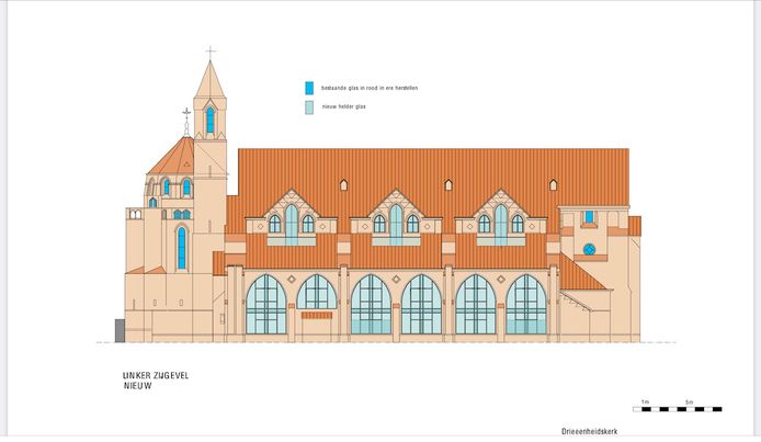 Op deze tekening is goed te zien hoe de Drieëenheidkerk aan de zijde van de Kruisstraat veel meer glaspartijen krijgt.