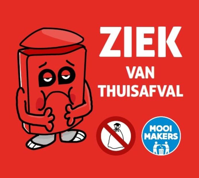 Deze sticker werd op vuilnisbakken gekleefd waar regelmatig rest(thuis)afval aangetroffen wordt.
