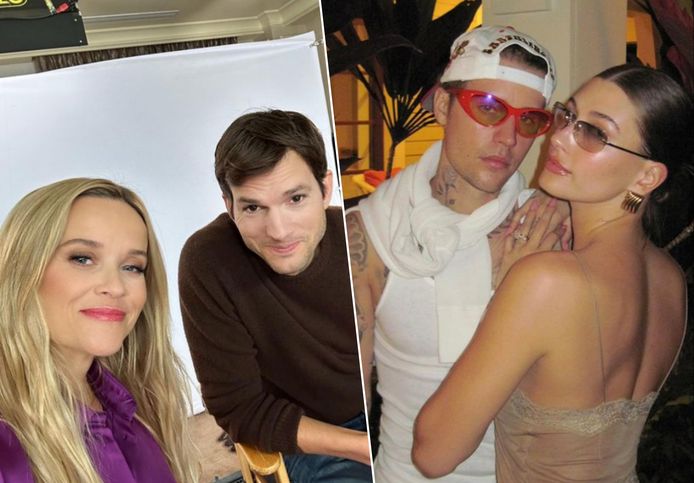 Reese Witherspoon en Ashton Kutcher (links) en Hailey en Justin Bieber (rechts).