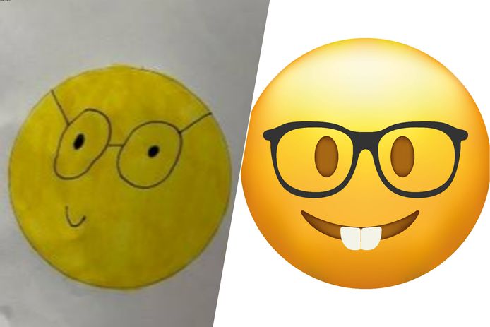 Links het ontwerp van Teddy, rechts de emoji van Apple.