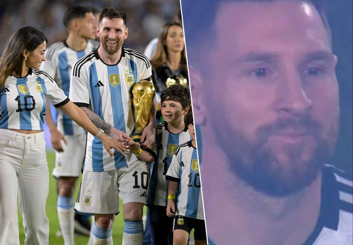 Links: Messi met zijn vrouw Antonela Roccuzzo en kinderen Thiago, Mateo en Ciro. Rechts: Messi houdt het niet droog.