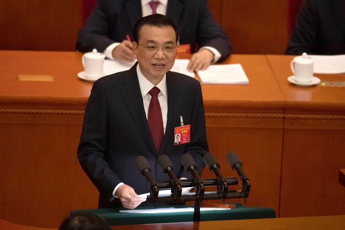 De Chinese premier Li Keqiang tijdens een toespraak op het Volkscongres in Peking.