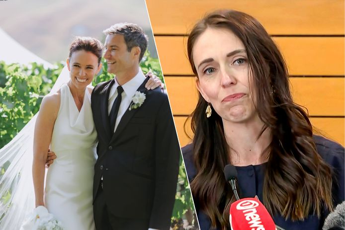 Links: officiële trouwfoto van de voormalige Nieuw-Zeelandse premier Jacinda Ardern en haar partner Clarke Gayford. Rechts: in januari vorig jaar kondigde Ardern aan dat ze stopte als eerste minister.