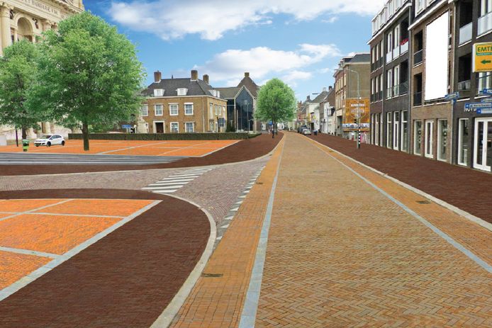 Artist impression van de nieuwe doorgaande route door Oudenbosch: kruispunt MarktPastoor Hellemonsstraat.