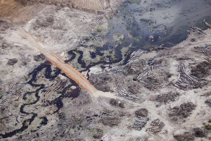Een luchtfoto van de Belo Montestuwdam, genomen door natuurorganisatie Greenpeace in 2012.