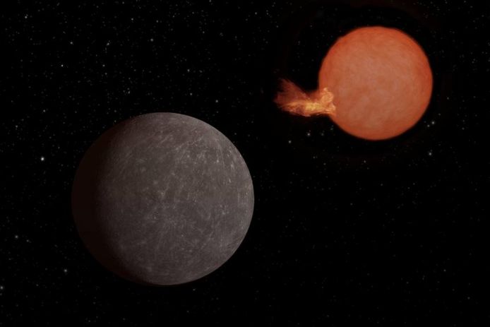 De nieuwe planeet 'Speculoos-3 b’ (links) draait rond een gelijknamige dwergster (rechts).