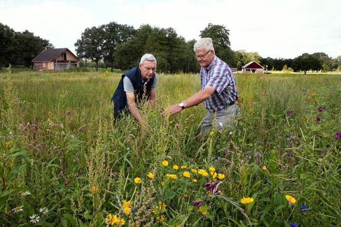 Het terrein waar ooit het asielzoekerscentrum Groot Deunk was gevestigd is nu omgetoverd tot groen paradijs. Vrijwilligers Frans ter Bogt (links) en Herman Simmelink zijn er blij mee.