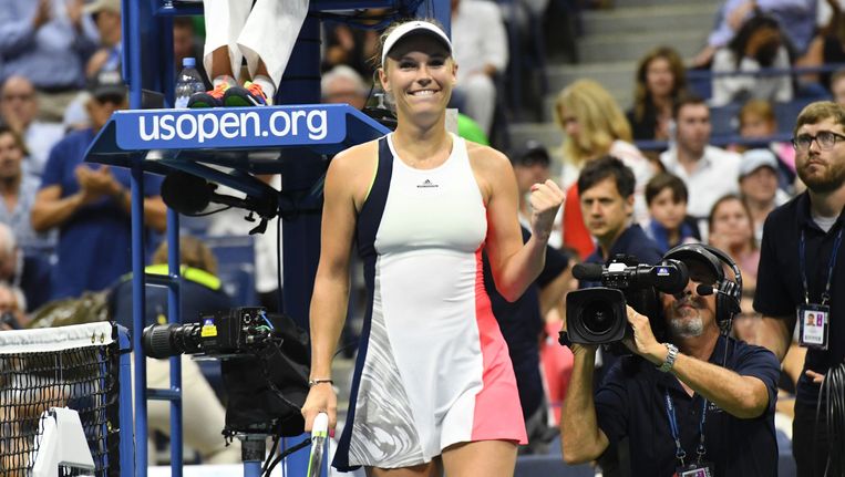 Caroline Wozniacki na haar winst in de kwartfinale van de US Open. Beeld AFP