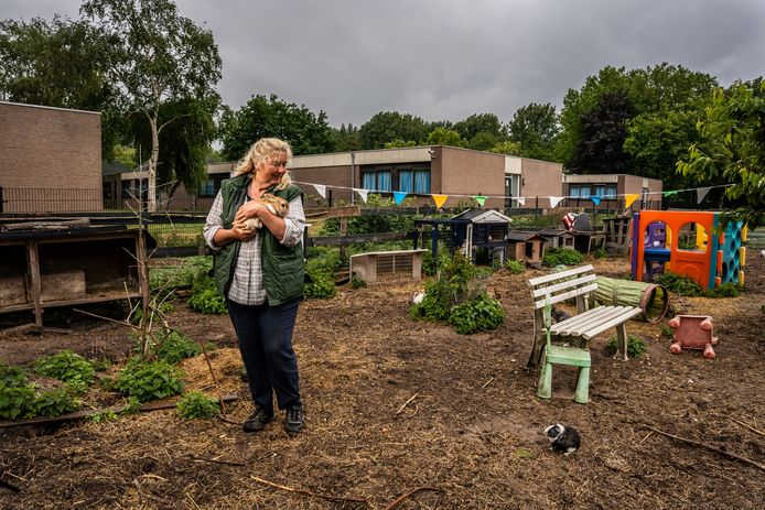 Andrea Sonderen van de stichting Sunflowers Ranch in Elden met op de achtergrond de gebouwen van het azc Elderhoeve met de camera.