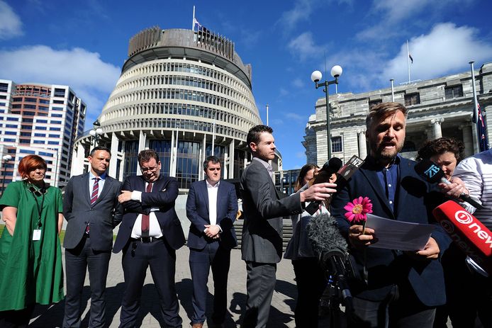 Nik Green (rechts), die een petitie organiseerde voor het verbannen van semi-automatische wapens, spreekt voor het parlement in Wellington.