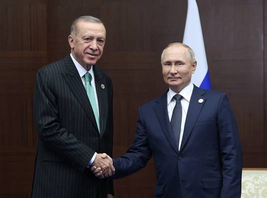De Turkse president Recep Tayyip Erdogan en zijn Russische collega Vladimir Poetin. 