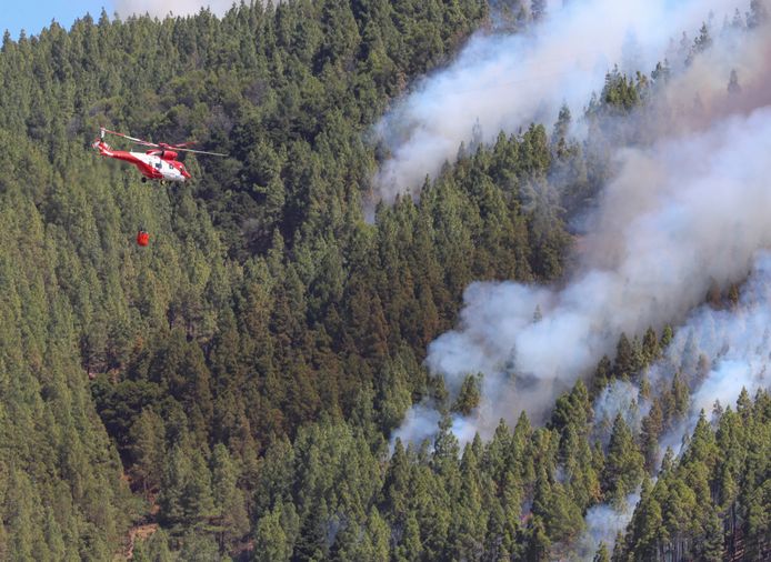 Een helikopter probeert het vuur te blussen in Artenara.