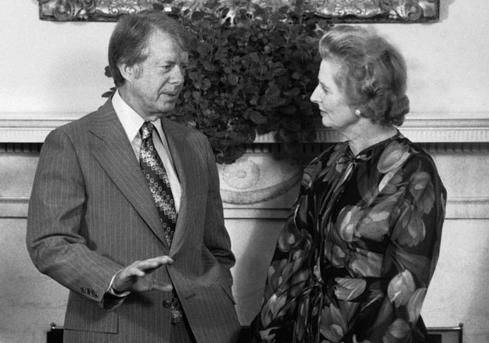 Voormalig Amerikaans president Jimmy Carter in 1977 met Margaret Thatcher.