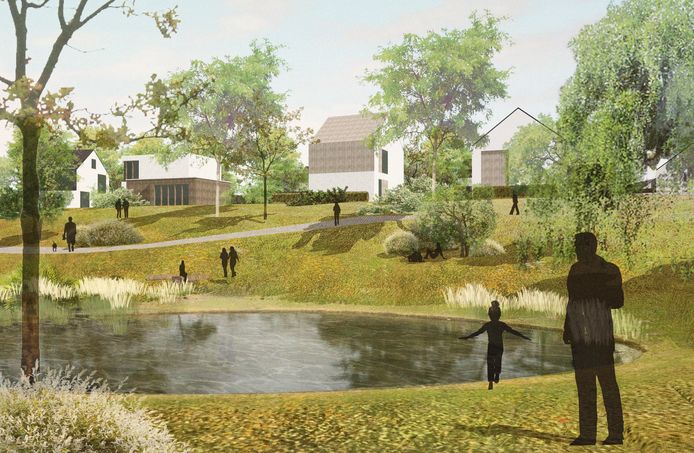 Zo moet de nieuwe wijk Het Plateau in Blixembosch, Eindhoven er uit gaan zien. Rond een watertje staan vrijstaande woningen.
