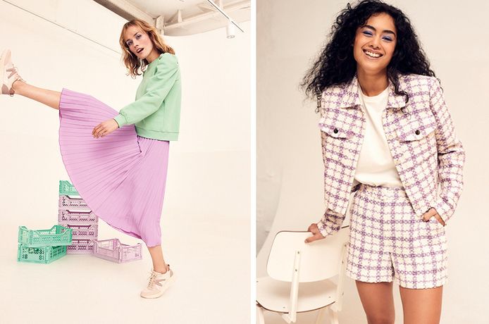 Links: plissérok € 44,99 (maat 34-46)  -  sweater met pofmouw € 27,99 (maat XS-XXL)
Rechts: jasje € 49,99 (maat 34-46)  -  short € 37,99 (maat 34-46)