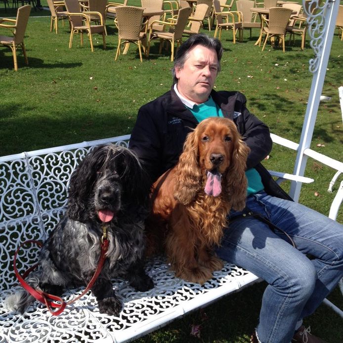 Robert Maes en zijn twee honden George (bruin, 12 jaar) en Jagger (grijs, 9 jaar).