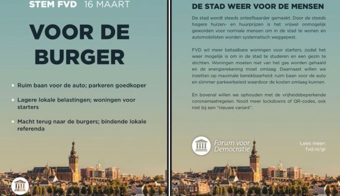 Het Arnhemse verkiezingsaffiche van Forum, met op de achtergrond de Nijmeegse skyline.