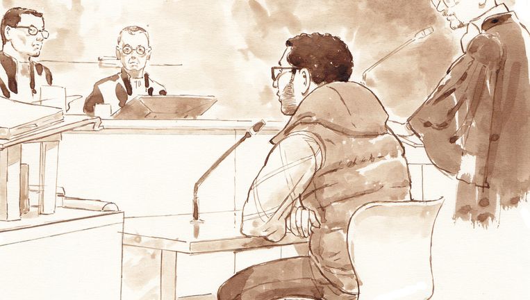 Rechtbanktekening van Mohamed B. tijdens een pro-formazitting in de rechtbank van Rotterdam. Beeld anp